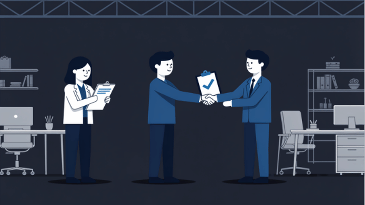 A hiring manager and a new hire shaking hands over a completed checklist in a modern office